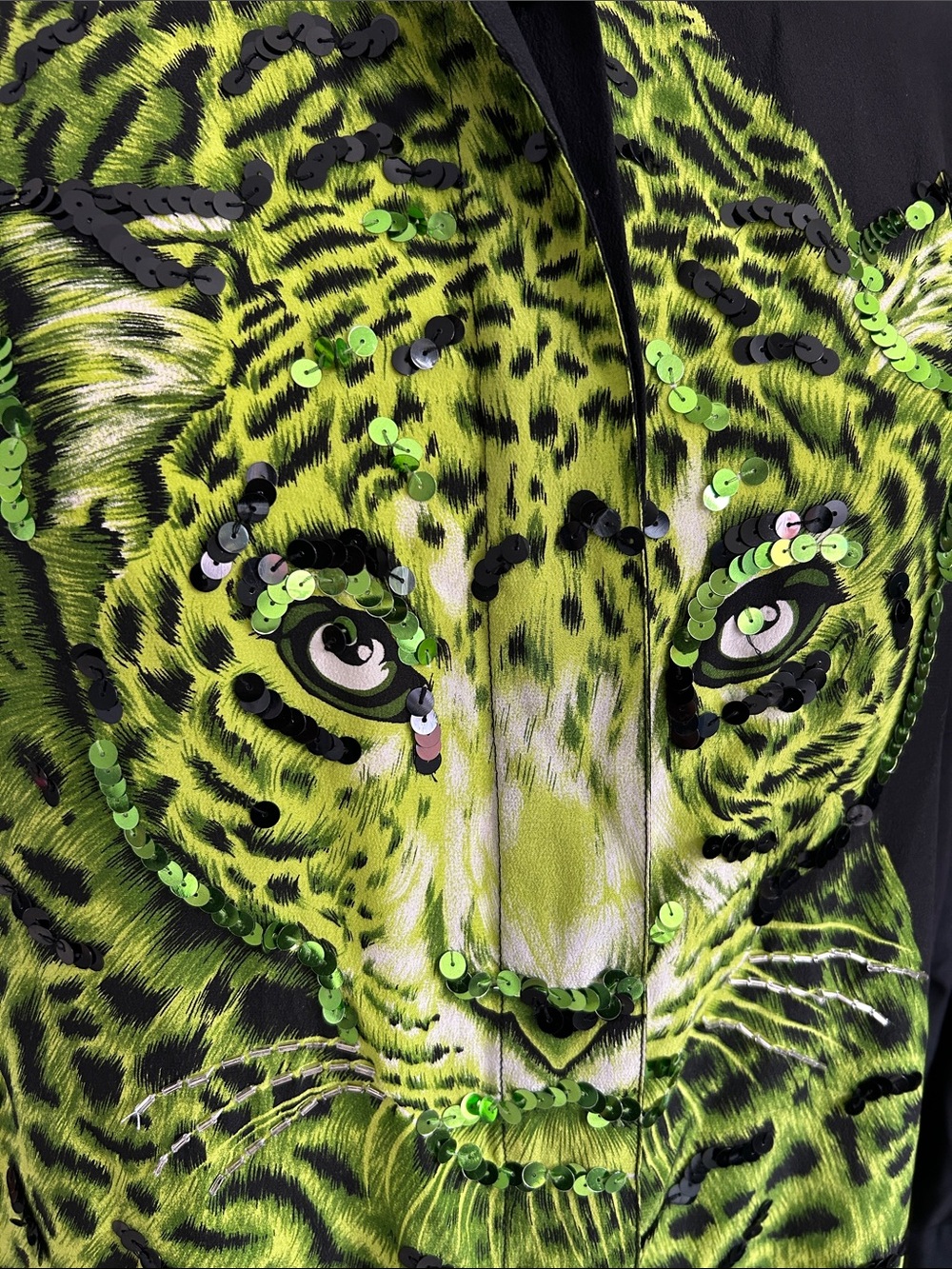 Vintage Diane Gilman neon green silk, a leopard sequin button down blouse M - Picture 5 of 13